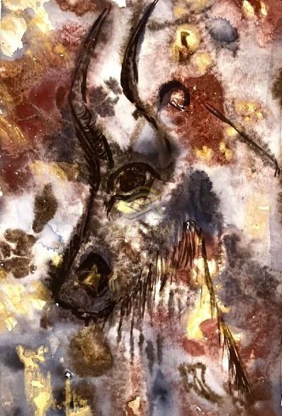 Against a rough, dark bronze-textured background is a golden-winged emblem with detailed feathers and a central circular symbol.