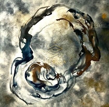 Abstract bronze face sculpture with rough textured surface, showing deep-set features and expressive form on a dark background.