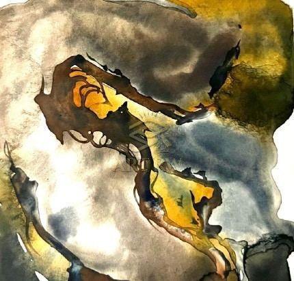 Abstract bronze horse artwork with textured surface, depicting dynamic movement and sculptural depth in a dark-toned composition.