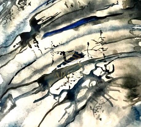 Abstract metal bull sculpture with rough textured surface, featuring strong angular lines and a dark, moody background.